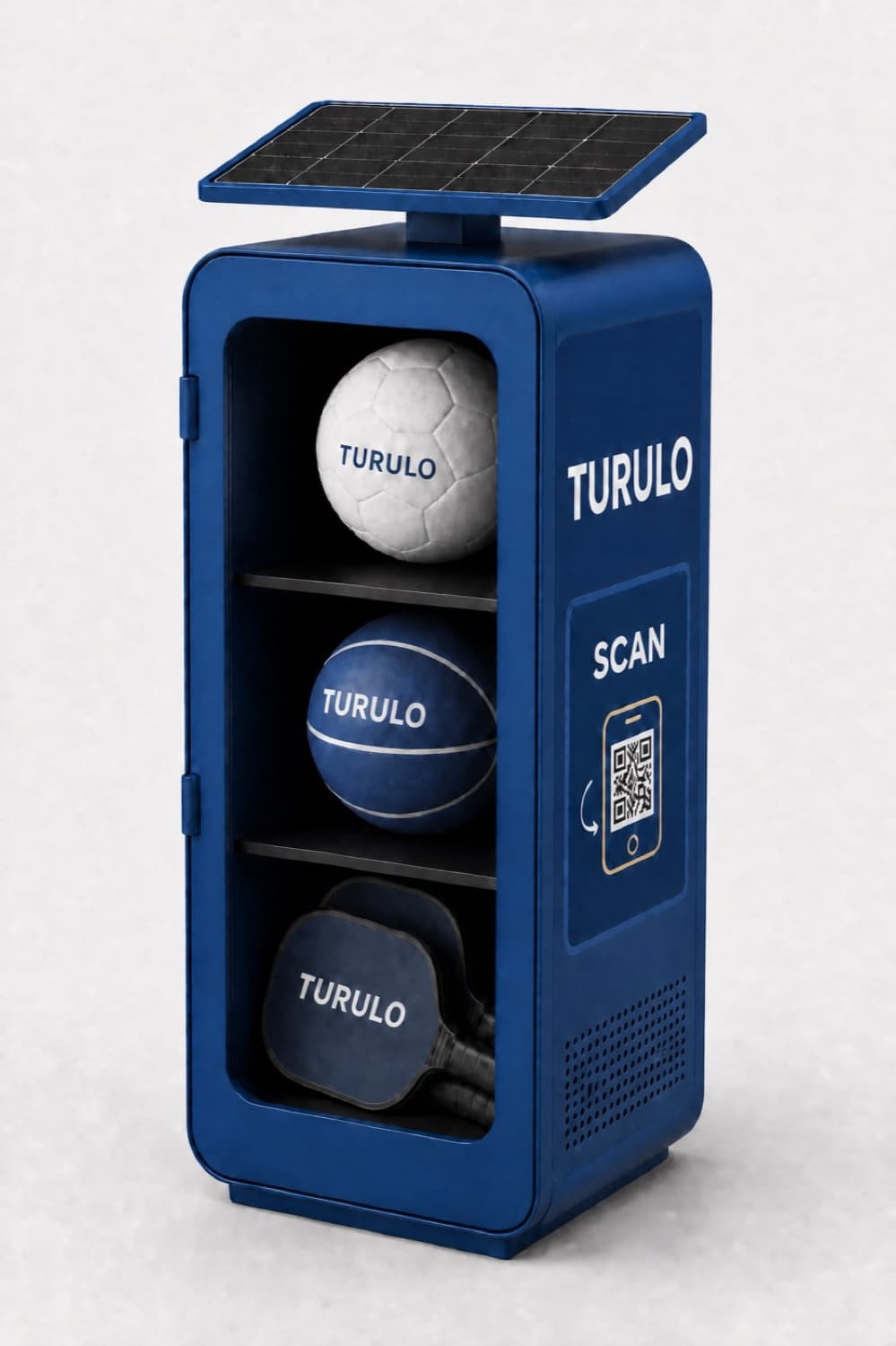 A Turulo locker: three compartments holding a soccer ball, a basketball and a pickleball paddle, with a solar panel on top and a scan-to-rent panel on the door.