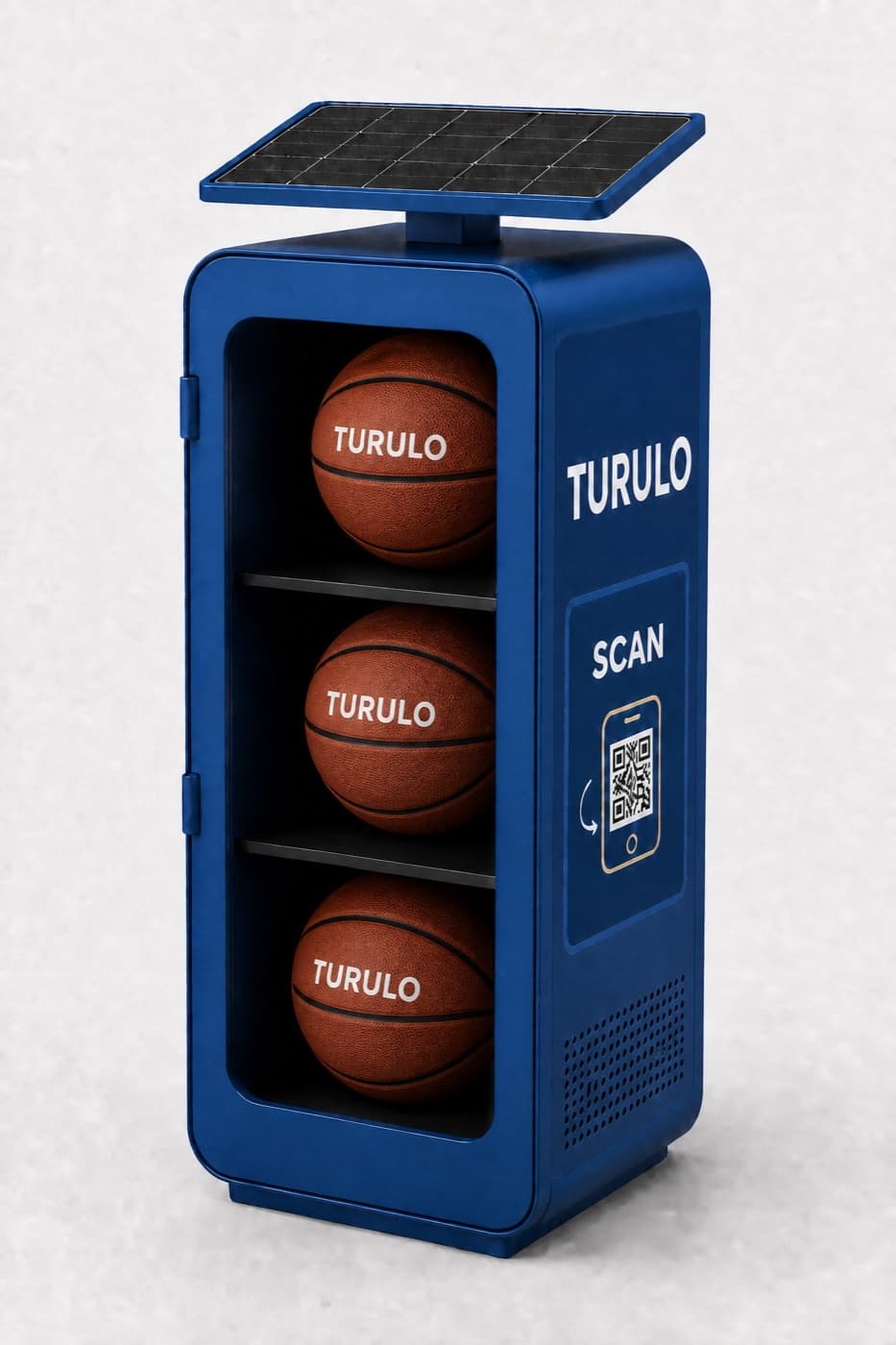 A Turulo locker stocked with basketballs, with a solar panel on top and a scan-to-rent panel on the door.